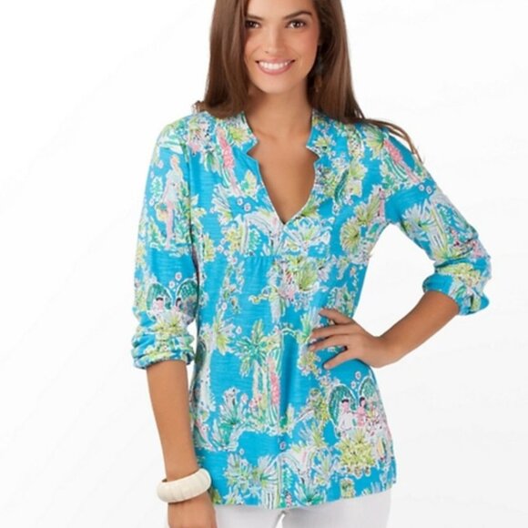 Lilly Pulitzer 24965 Mandy V Neck Jungle Toile Glam Tunic Shirt Size Medium - Picture 1 of 16